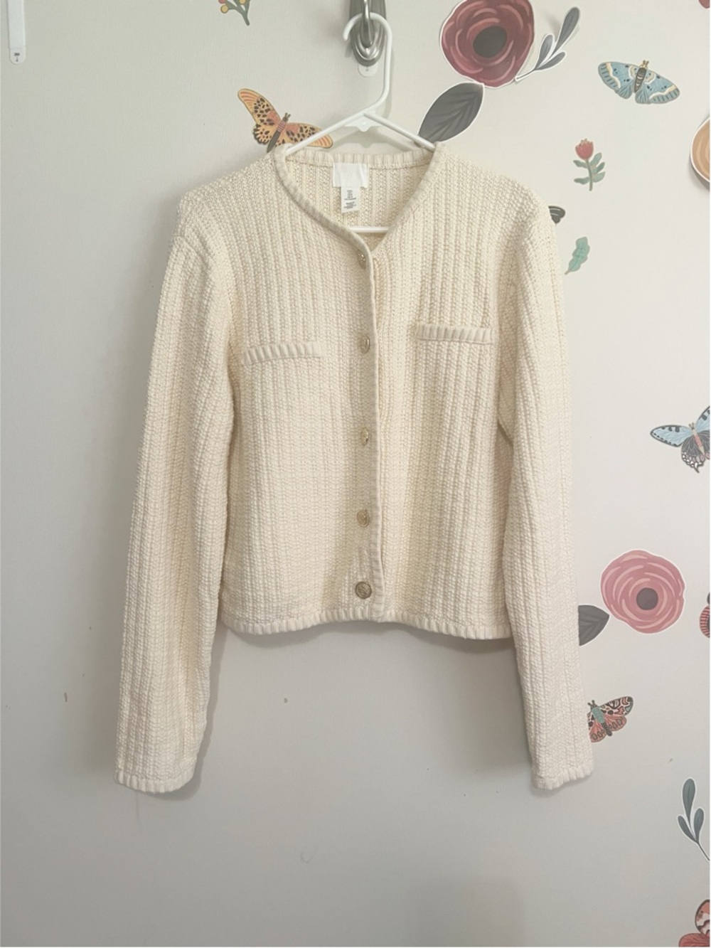 H&M Cream Textured Knit Cardigan with Pocket L